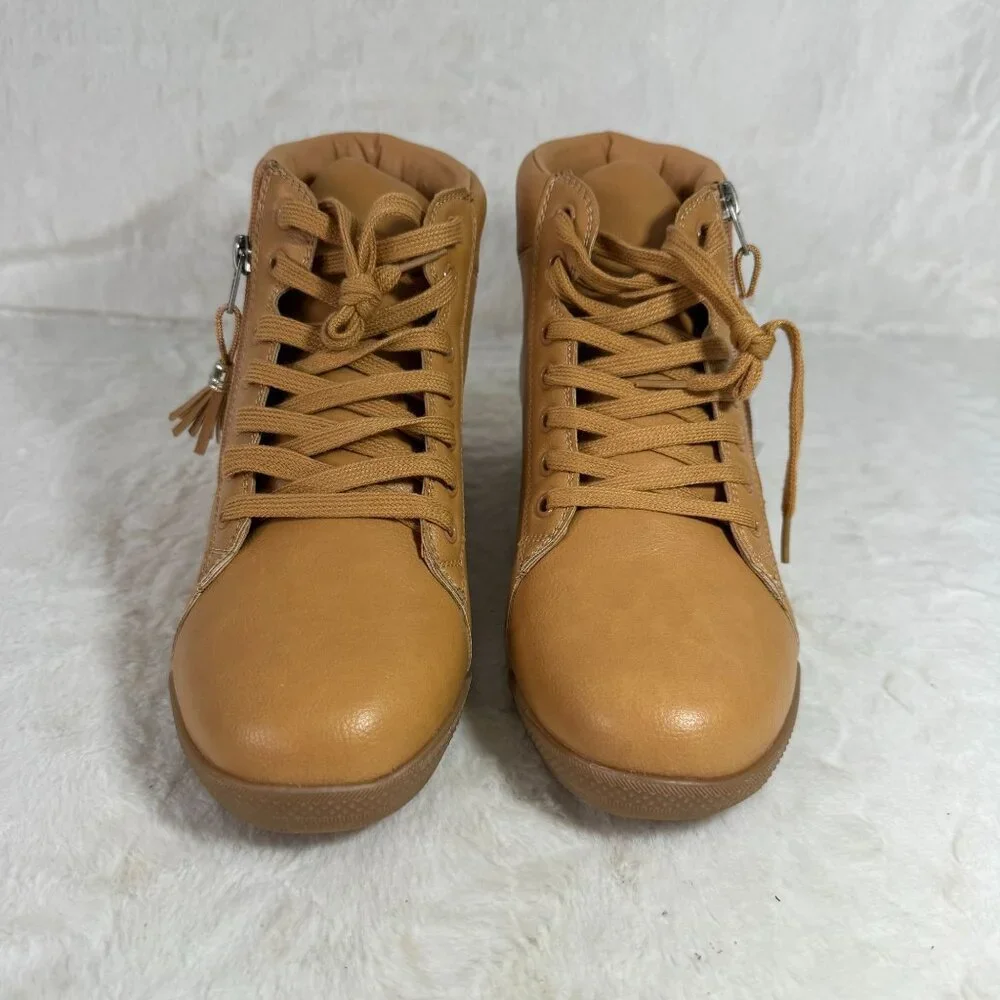 Comfort View Glendaly Tan High-Top Sneakers With Side Zipper & Lace-Up Closure - Picture 3 of 9